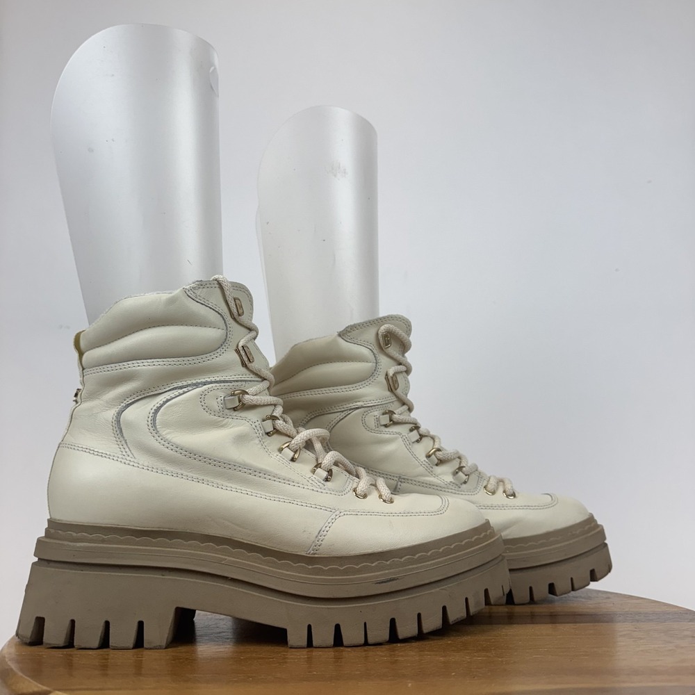 Womens Sam Edelman Kace Ivory Leather‎ Lug Sole Lace Up Ankle Winter Boots Sz 11